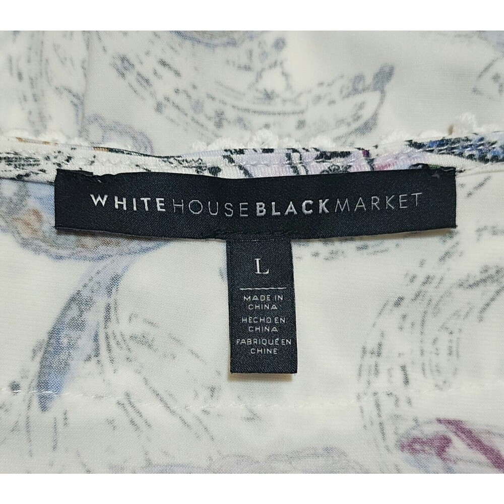 WHBM Womens Boho Blouse White Blue Purple Paisley Lace Up Neck Crochet Size L - Picture 7 of 9